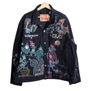 Custom Christmas Levi's Black Denim Jacket with Colorful Hand Drawn Images
